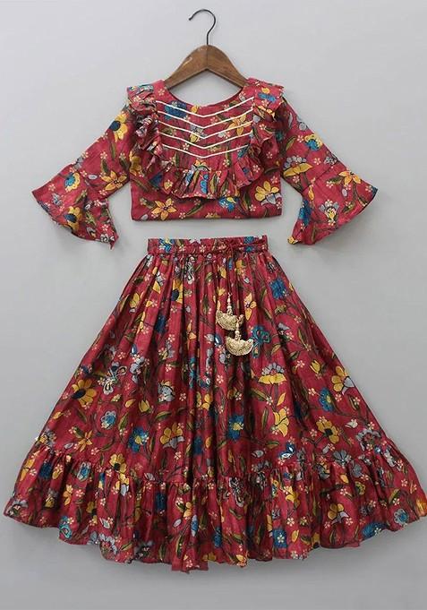 Red Printed Cotton Blend Lehenga Choli For Girls