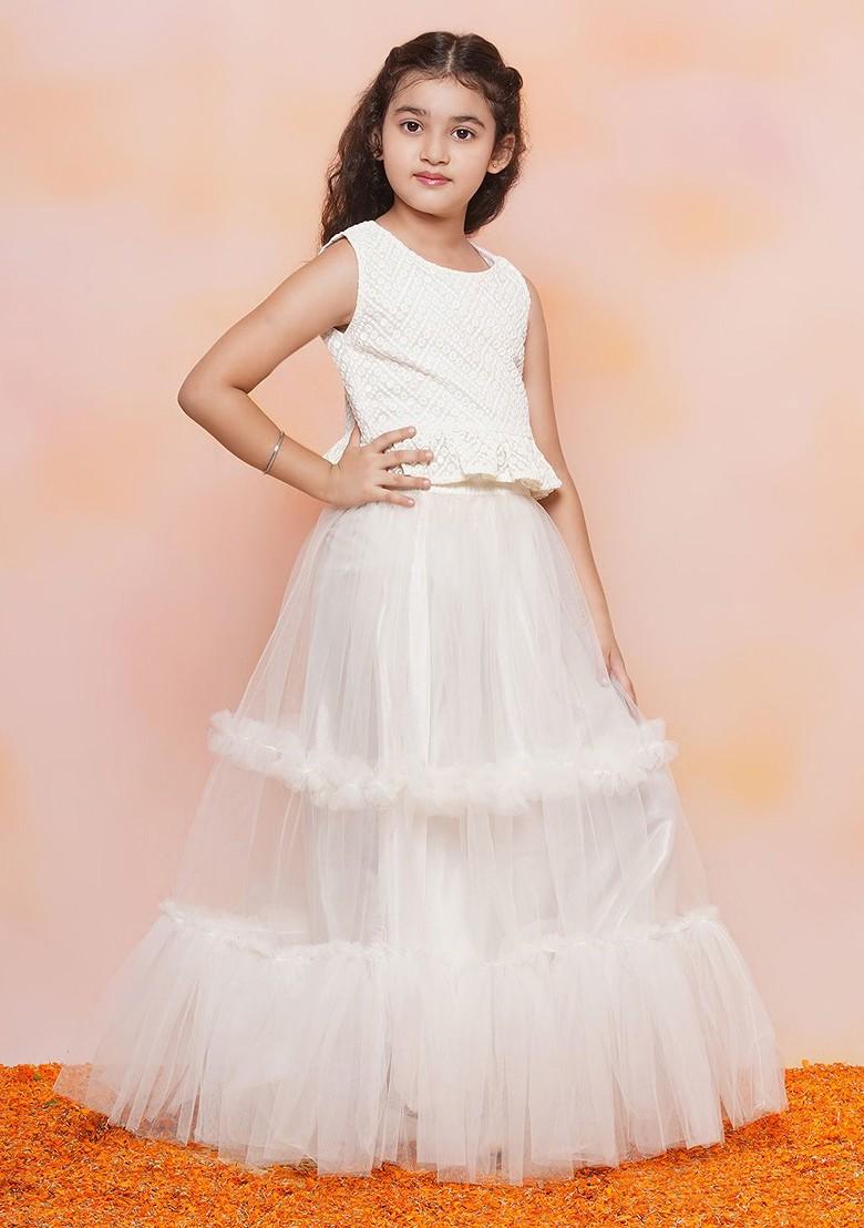 White Embroidered Georgette Lehenga Choli For Girls - Indya