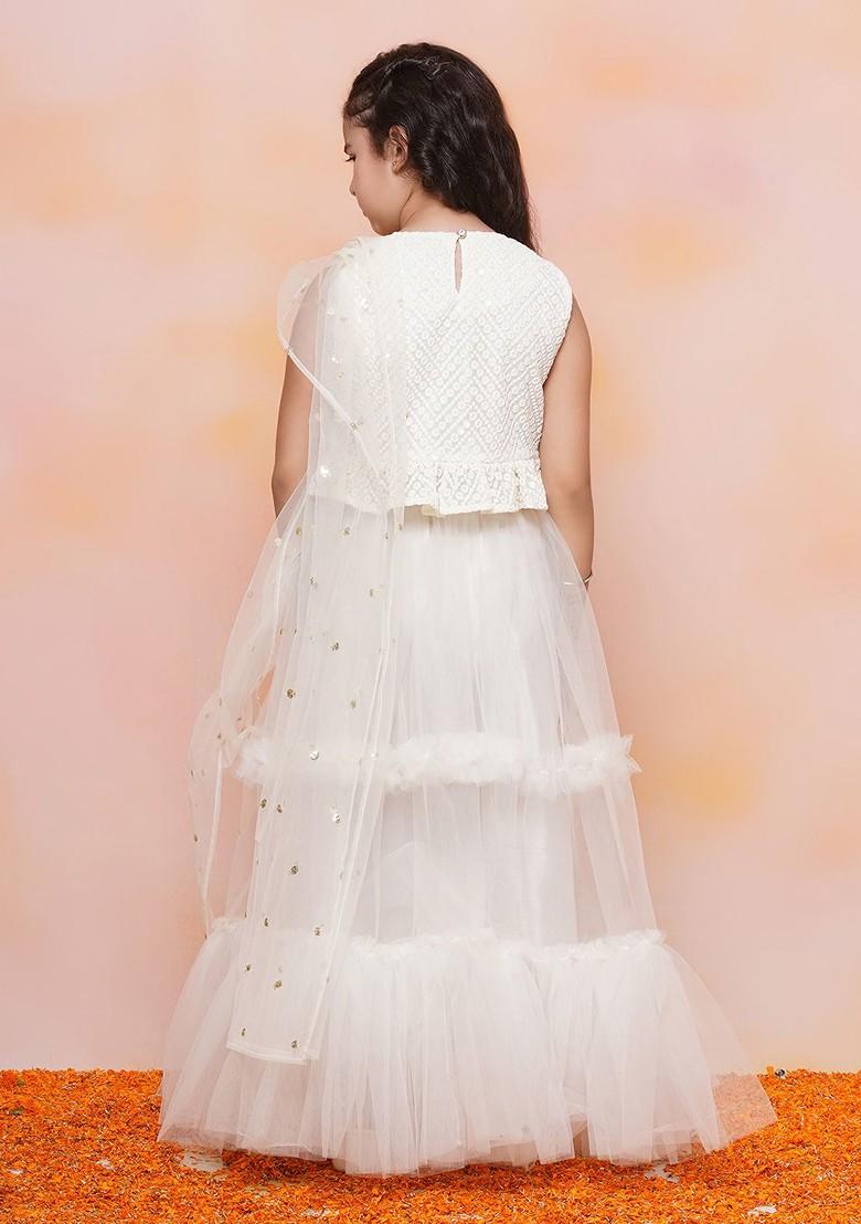 White Embroidered Georgette Lehenga Choli For Girls - Indya