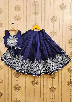 Navy Blue Embroidered Silk Lehenga Choli For Girls