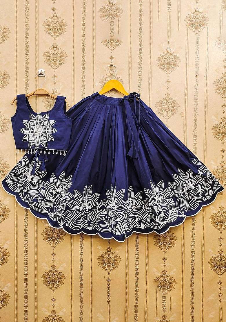 Navy Blue Embroidered Silk Lehenga Choli For Girls - Indya