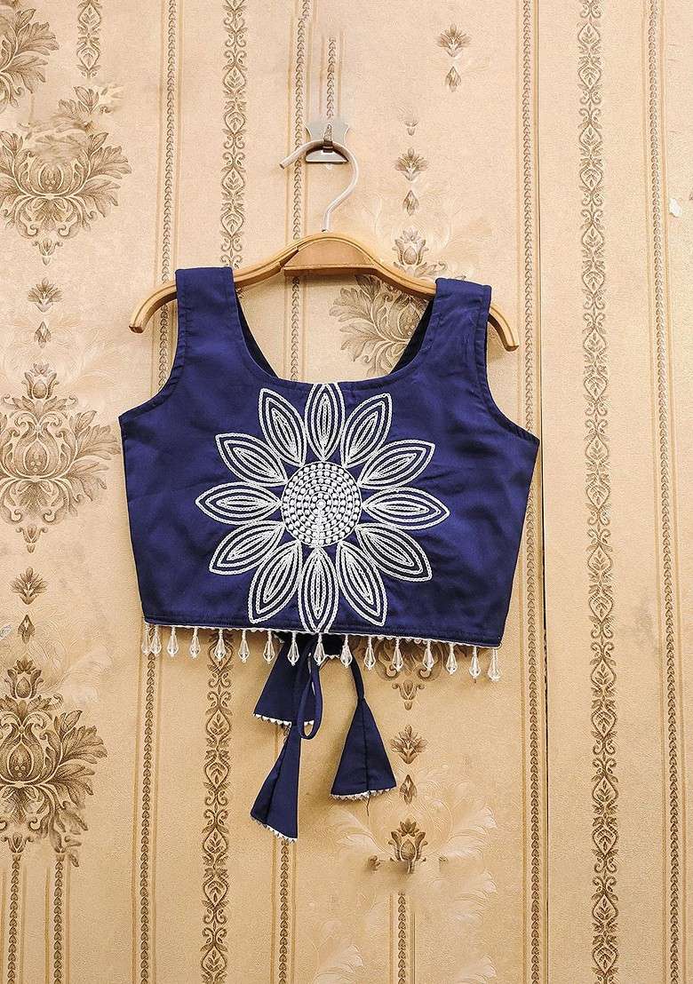 Navy Blue Embroidered Silk Lehenga Choli For Girls - Indya