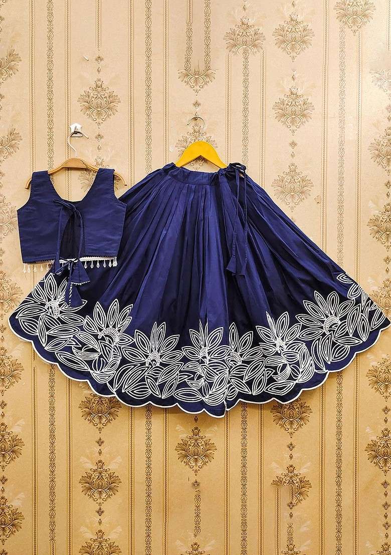 Navy Blue Embroidered Silk Lehenga Choli For Girls - Indya