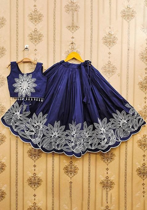 Navy Blue Embroidered Silk Lehenga Choli For Girls — view on Indya