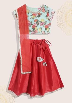 Green Printed Blended Lehenga Choli For Girls