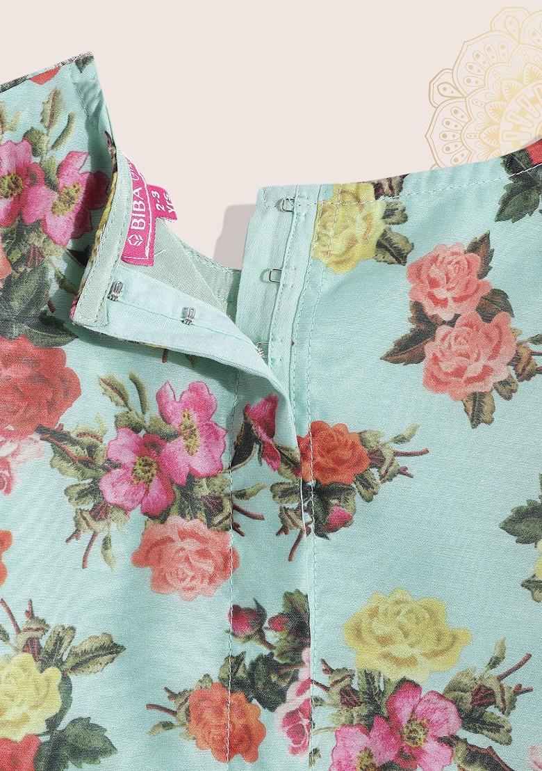 Green Printed Blended Lehenga Choli For Girls - Indya