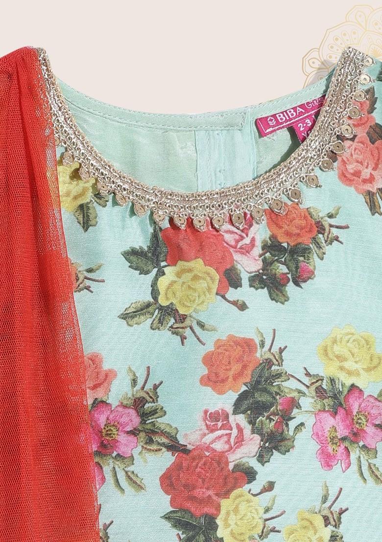 Green Printed Blended Lehenga Choli For Girls - Indya