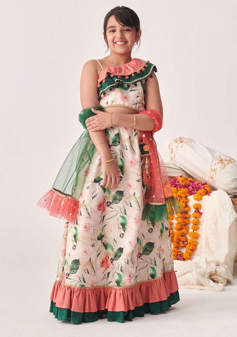 Peach Printed Blended Lehenga Choli For Girls - Indya