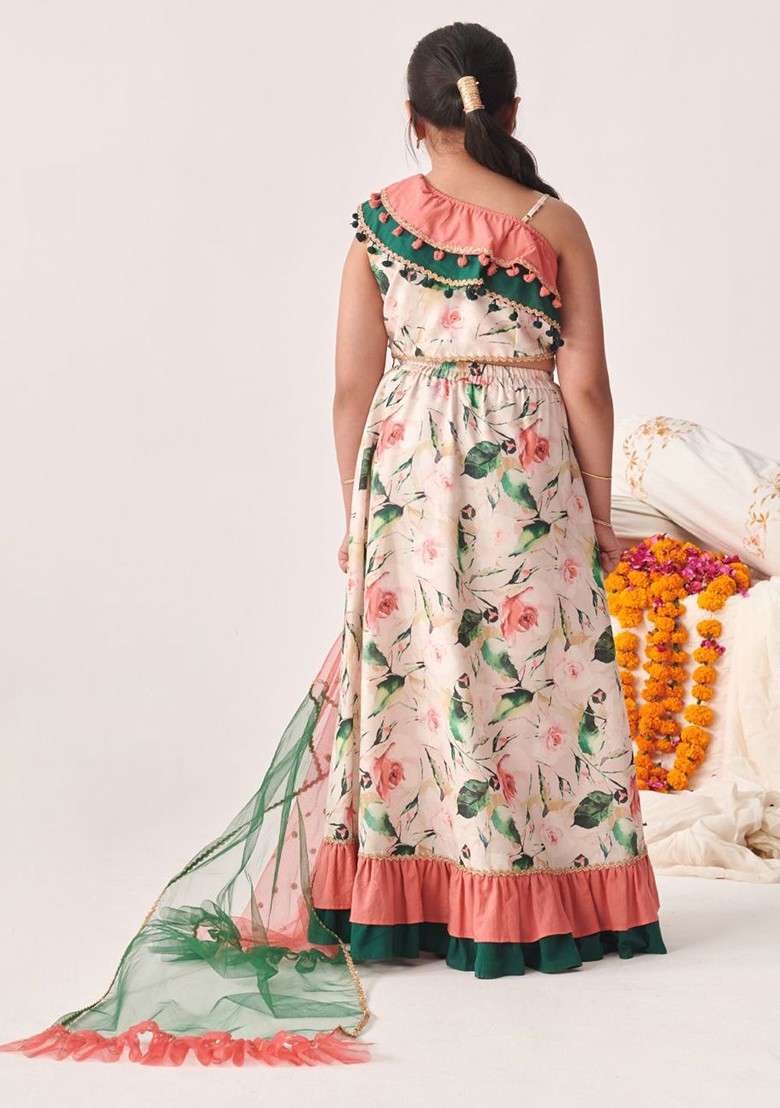 Peach Printed Blended Lehenga Choli For Girls - Indya