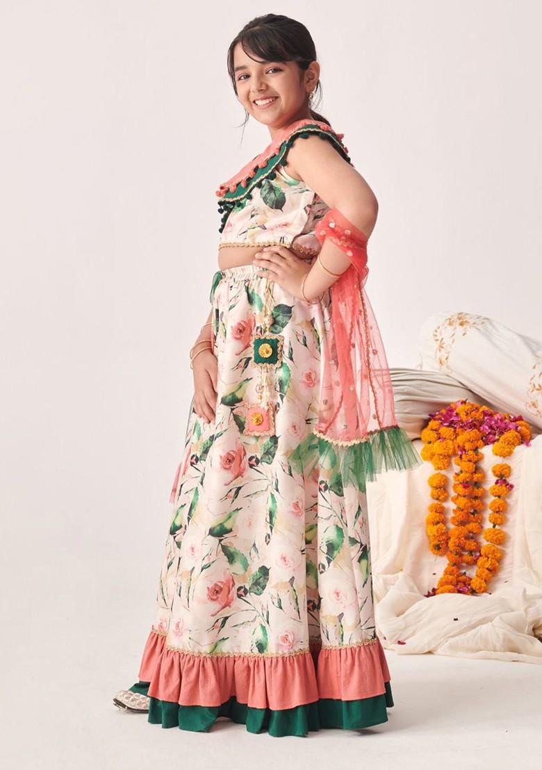 Peach Printed Blended Lehenga Choli For Girls - Indya