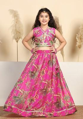 Green Printed Blended Lehenga Choli For Girls