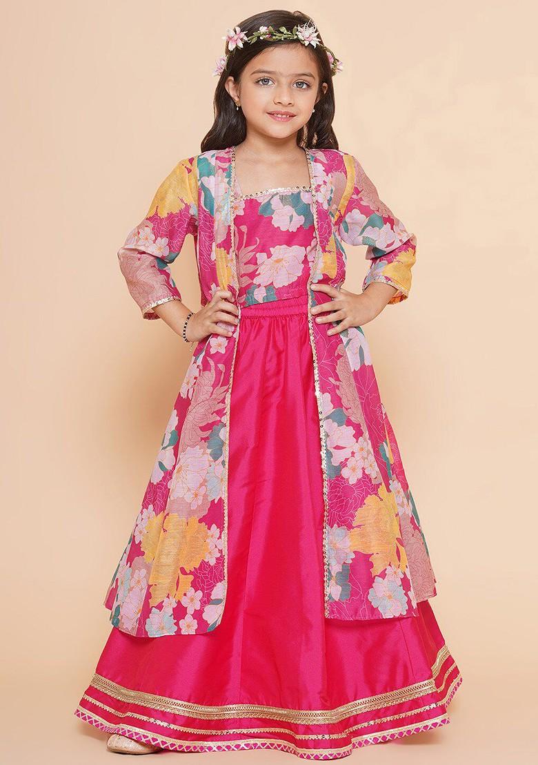 Pink Printed Blended Lehenga Choli For Girls - Indya
