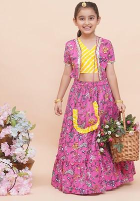 Pink Embellished Cotton Blend Lehenga Choli For Girls