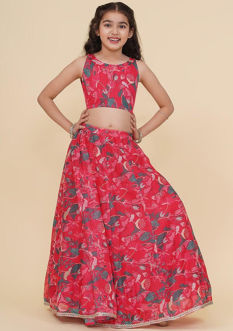 Pink Printed Blended Lehenga Choli For Girls - Indya