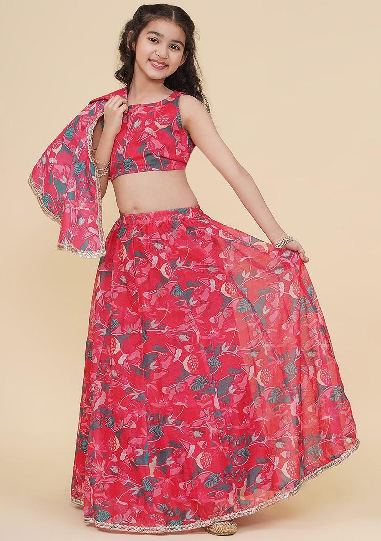 Pink Printed Blended Lehenga Choli For Girls - Indya