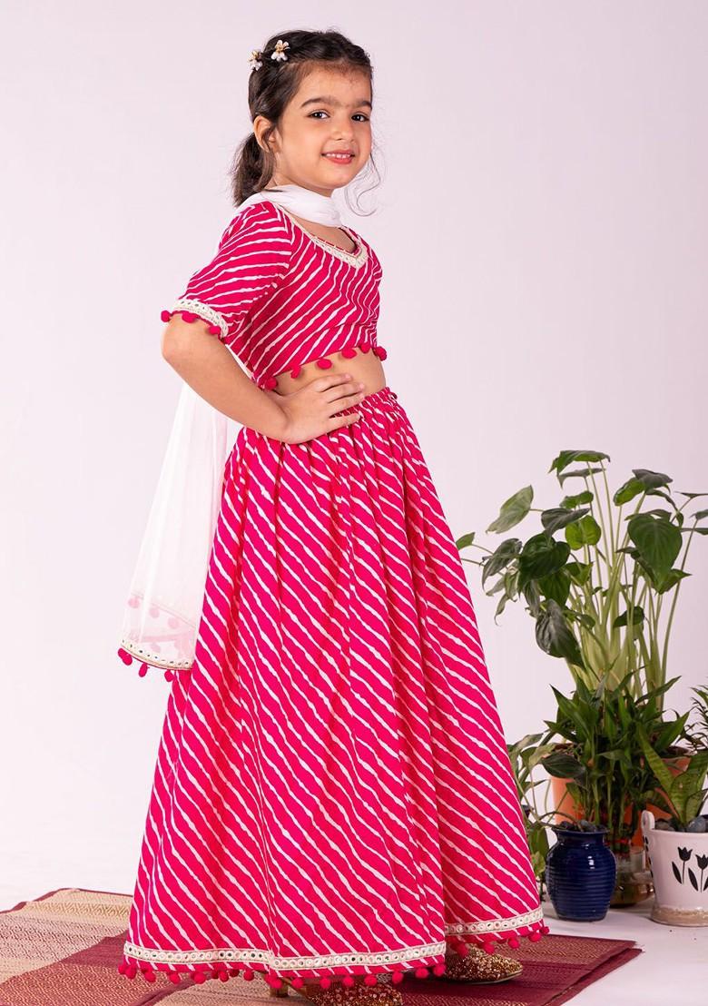 Pink Printed Blended Lehenga Choli For Girls - Indya