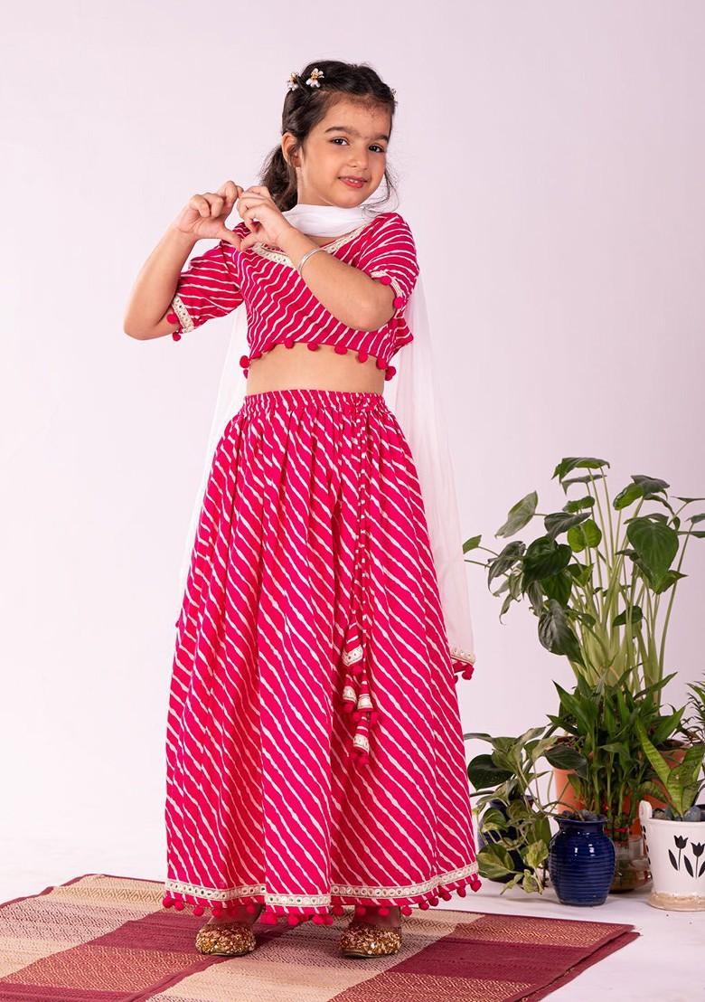 Pink Printed Blended Lehenga Choli For Girls - Indya