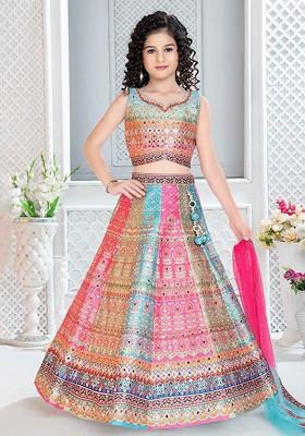Blue Printed Blended Lehenga Choli For Girls