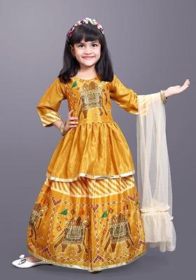 Yellow Printed Blended Lehenga Choli For Girls