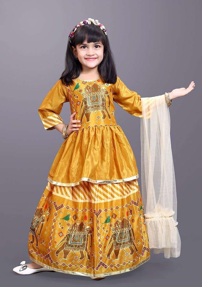 Yellow Printed Blended Lehenga Choli For Girls - Indya