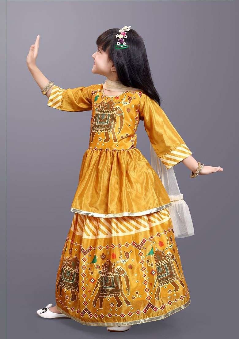 Yellow Printed Blended Lehenga Choli For Girls - Indya