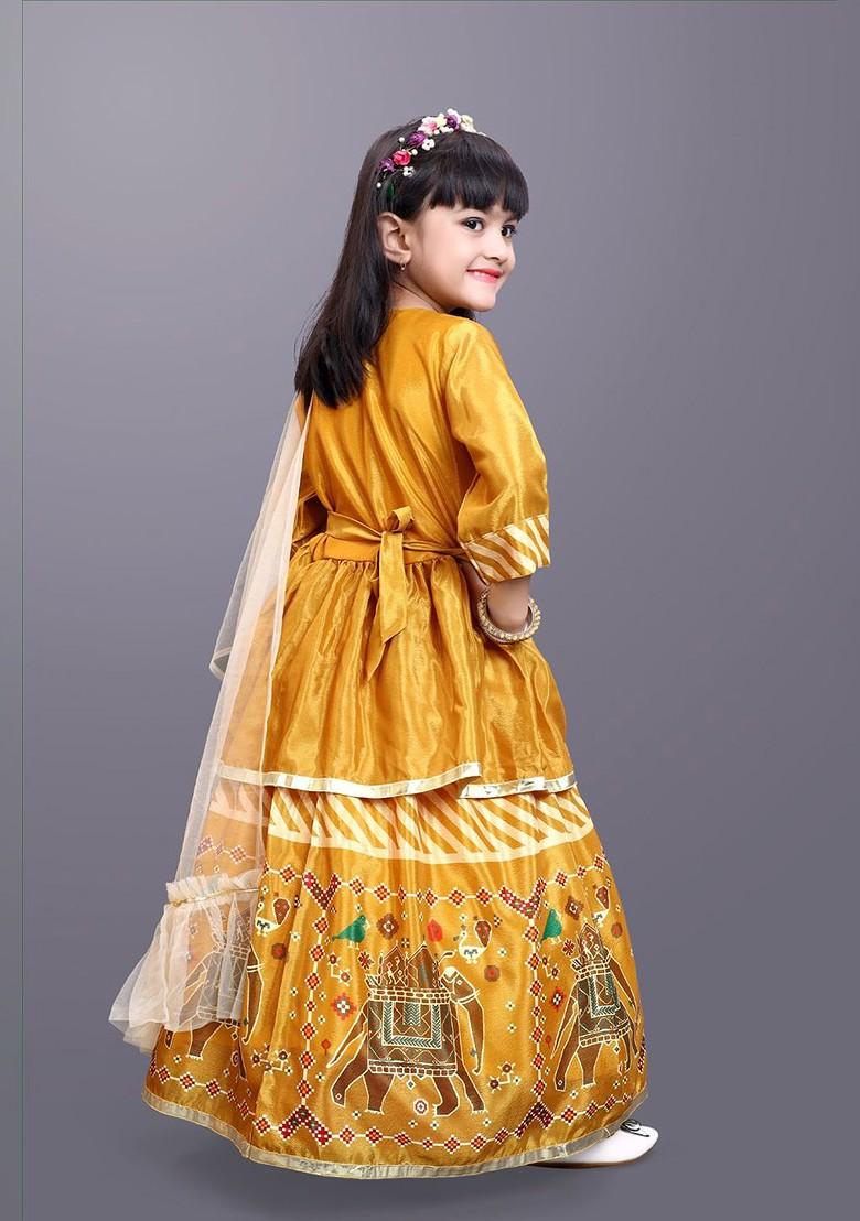 Yellow Printed Blended Lehenga Choli For Girls - Indya