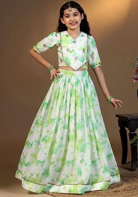 Green Printed Blended Lehenga Choli For Girls