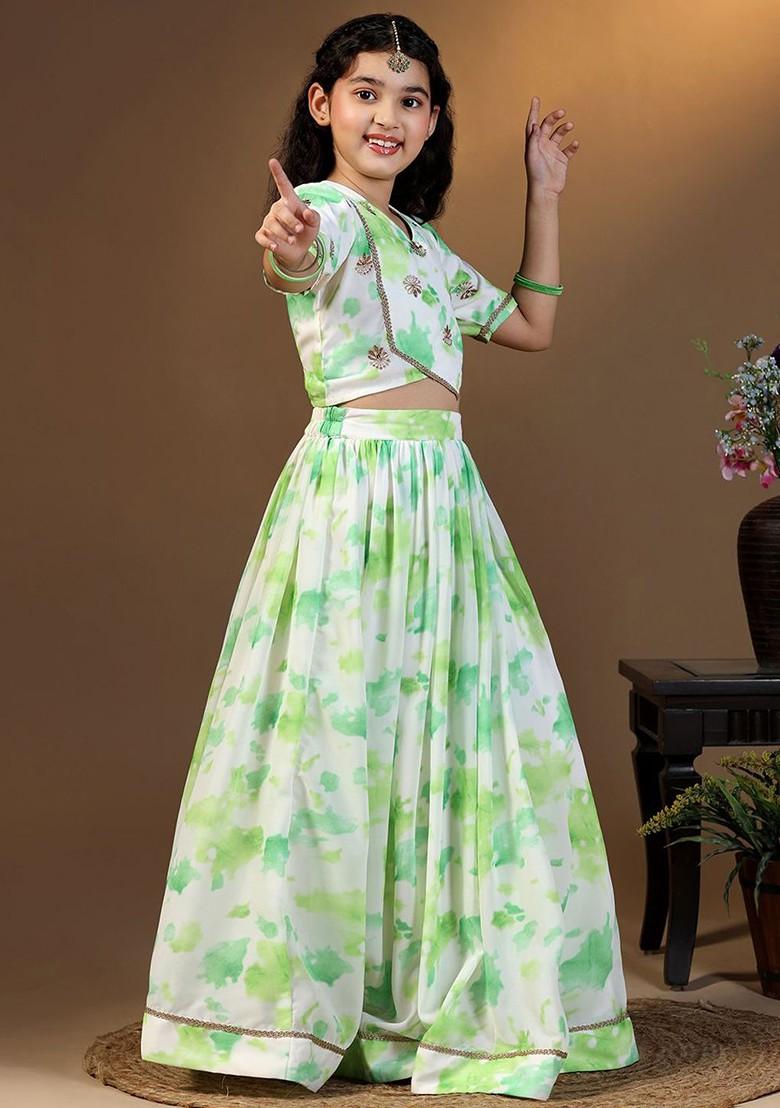 Green Printed Blended Lehenga Choli For Girls - Indya