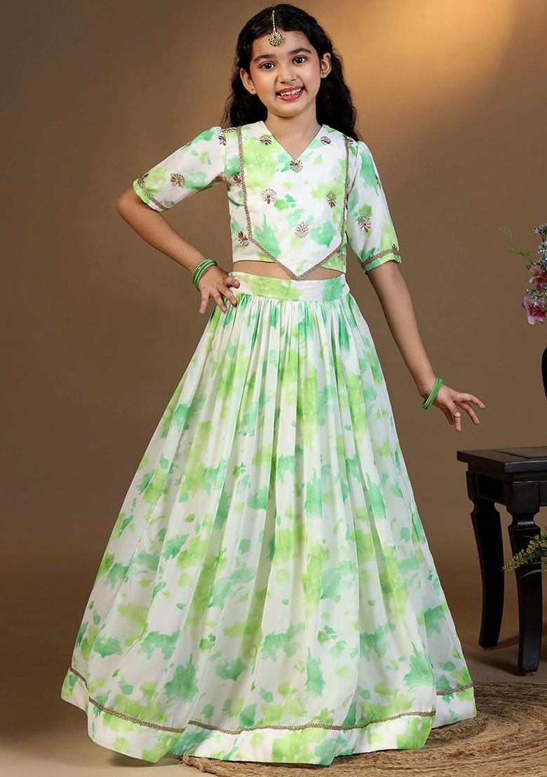 Green Printed Blended Lehenga Choli For Girls - Indya
