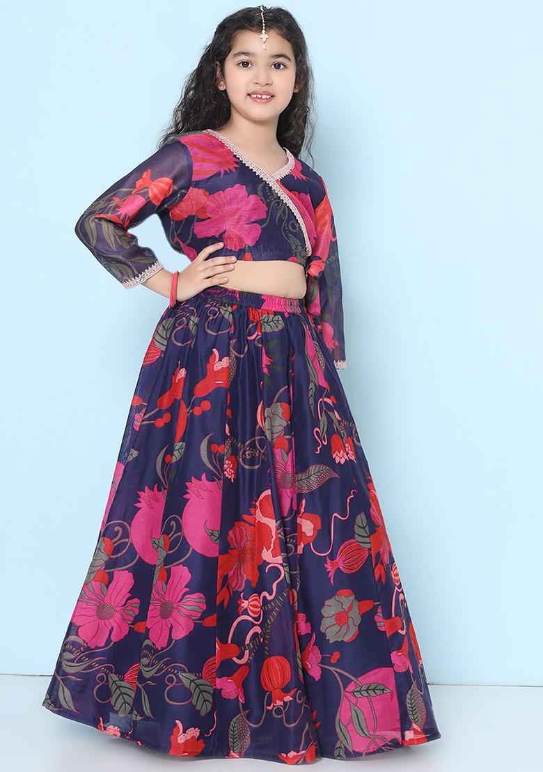 Purple Printed Blended Lehenga Choli For Girls - Indya