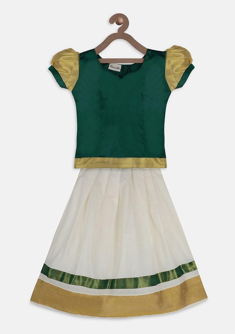 Green Embroidered Blended Lehenga Choli For Girls - Indya