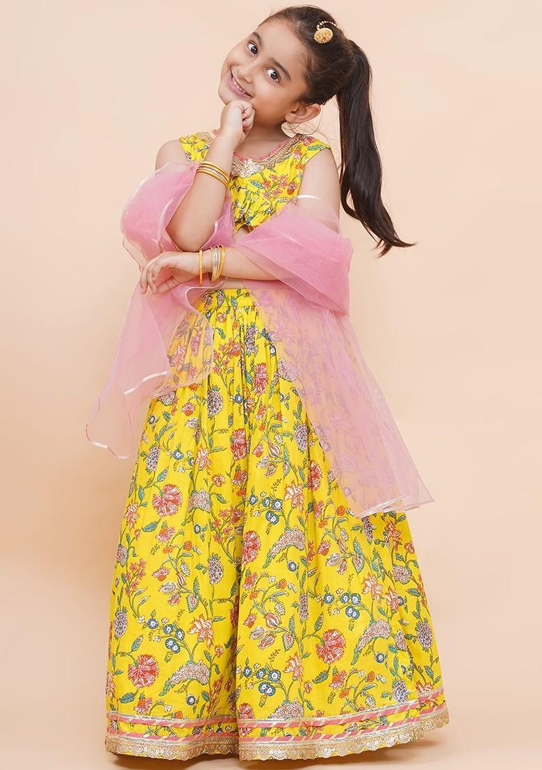 Yellow Embellished Cotton Blend Lehenga Choli For Girls - Indya