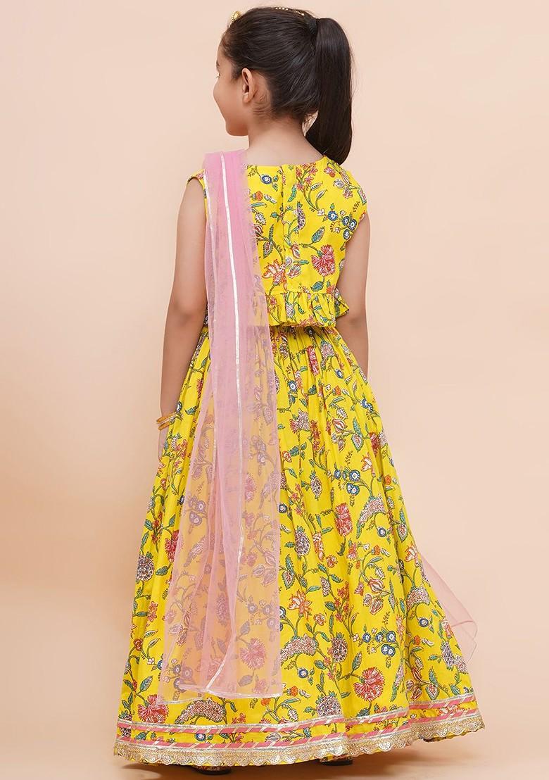 Yellow Embellished Cotton Blend Lehenga Choli For Girls - Indya