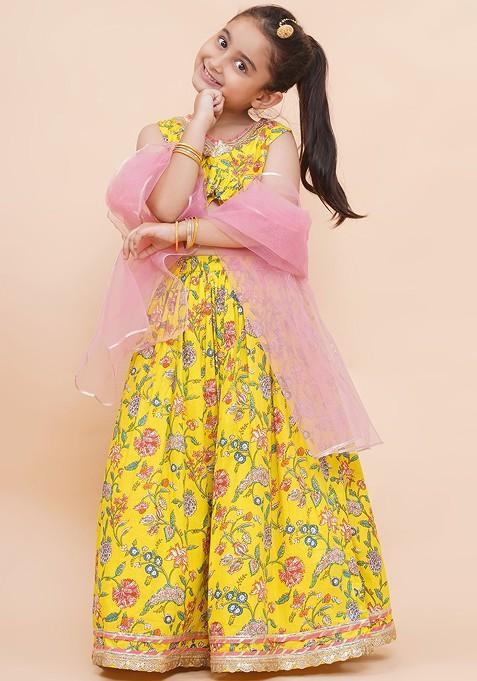 Yellow Embellished Cotton Blend Lehenga Choli For Girls — view on Indya