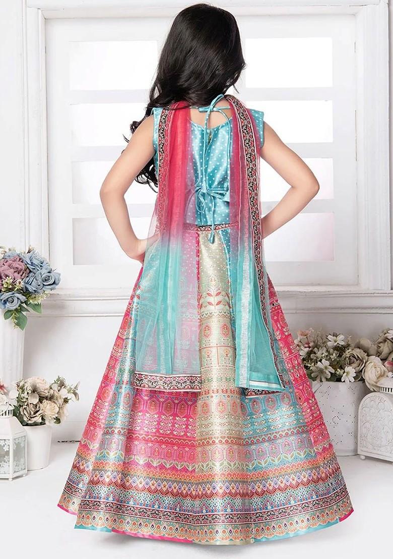 Blue Printed Blended Lehenga Choli For Girls - Indya
