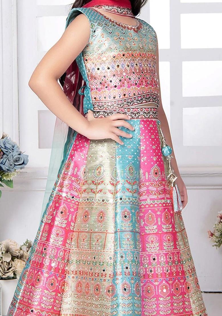 Blue Printed Blended Lehenga Choli For Girls - Indya