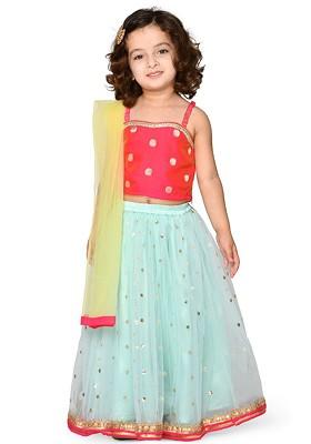 Turquoise Blue Embroidered Blended Lehenga Choli For Girls
