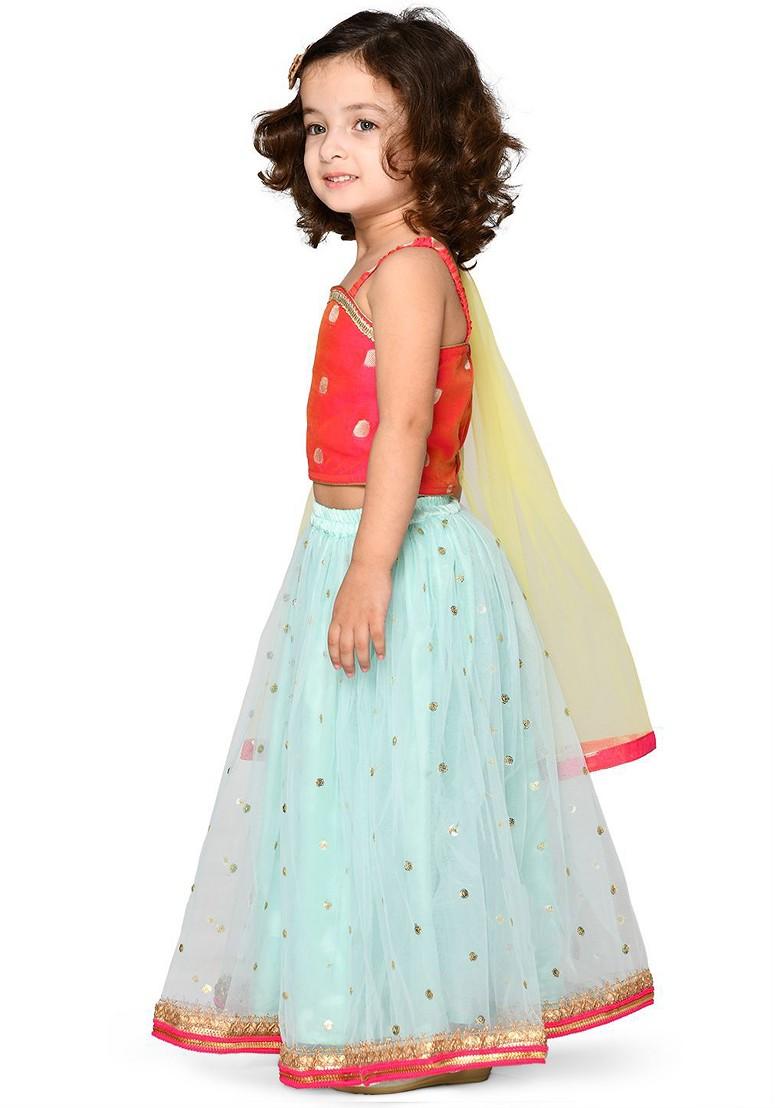 Turquoise Blue Embroidered Blended Lehenga Choli For Girls - Indya