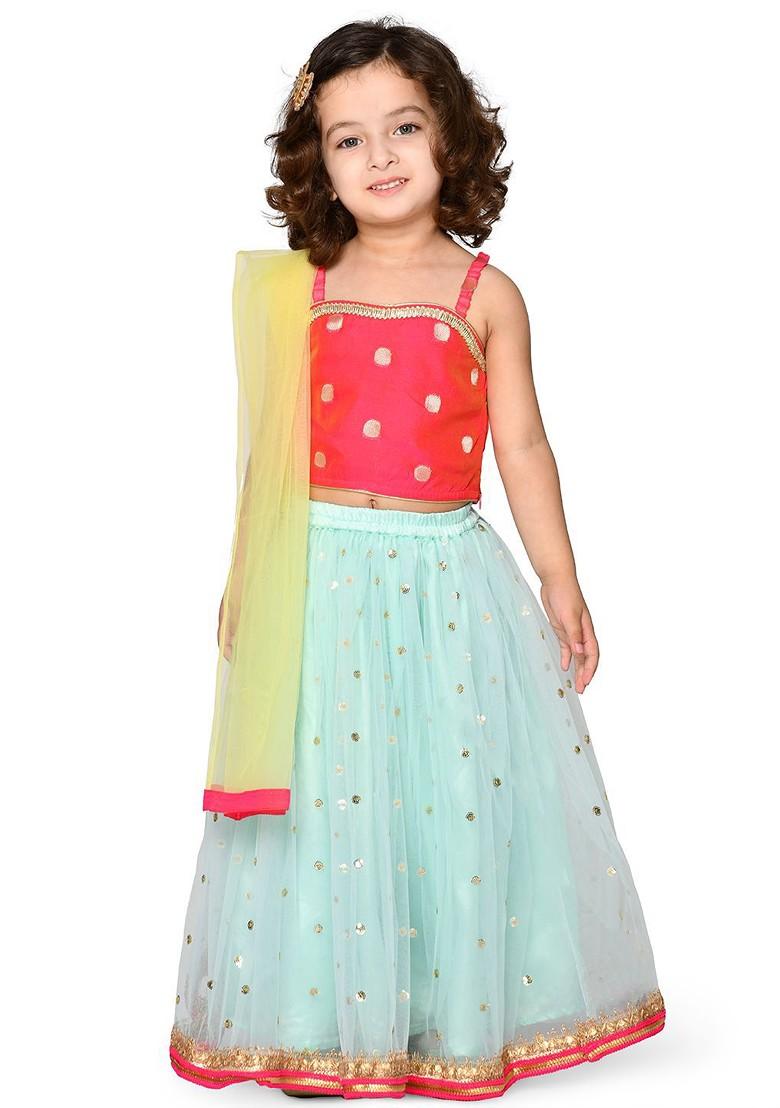 Turquoise Blue Embroidered Blended Lehenga Choli For Girls - Indya