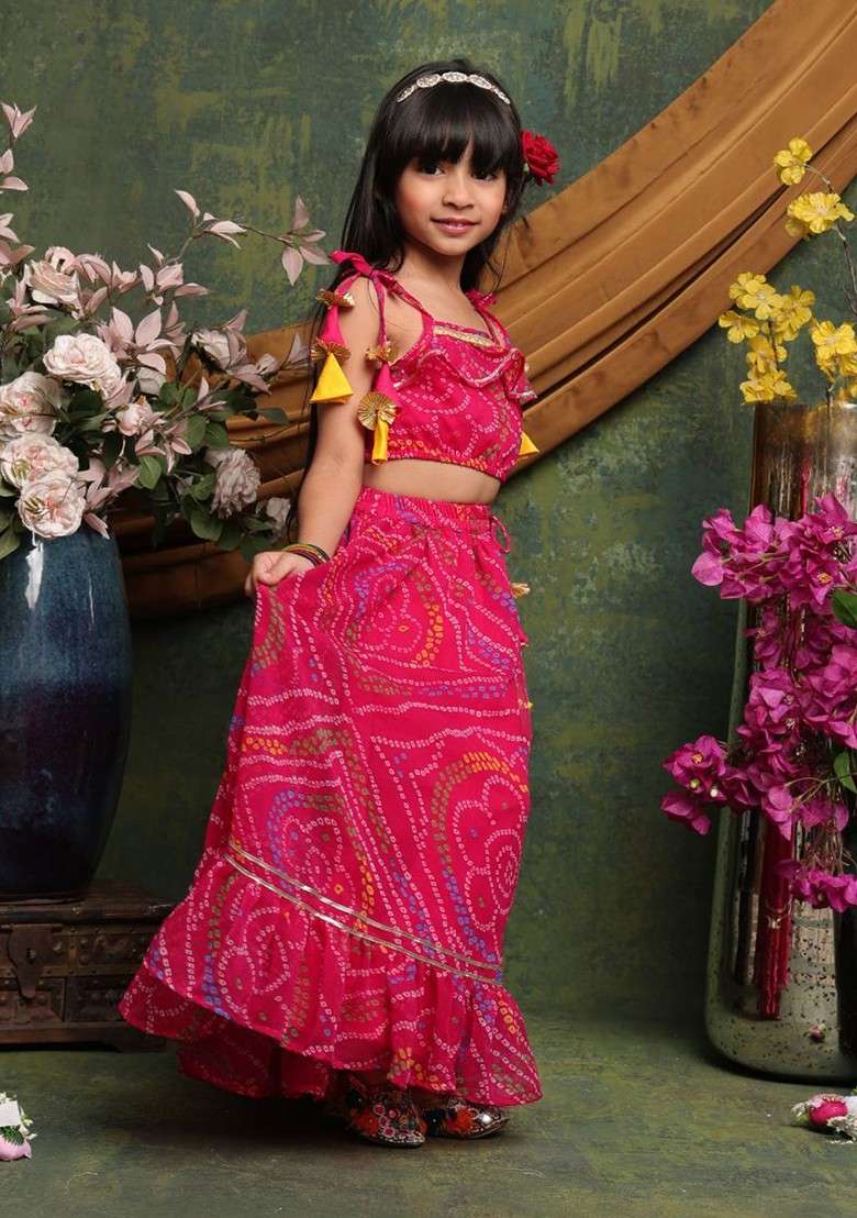 Magenta Printed Blended Lehenga Choli For Girls - Indya