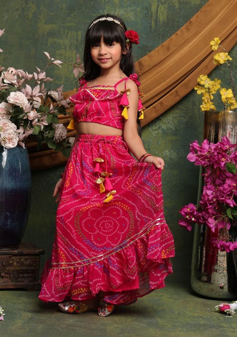 Magenta Printed Blended Lehenga Choli For Girls - Indya