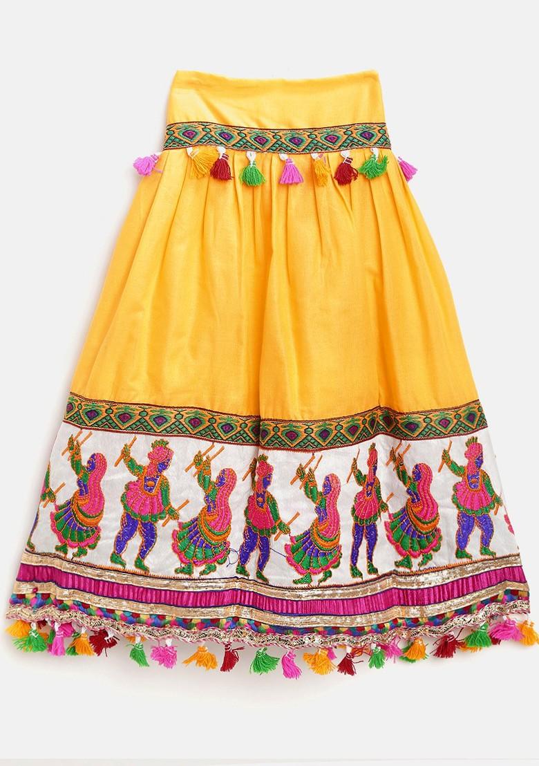 Yellow Embroidered Blended Lehenga Choli For Girls - Indya