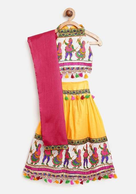 Yellow Embroidered Blended Lehenga Choli For Girls