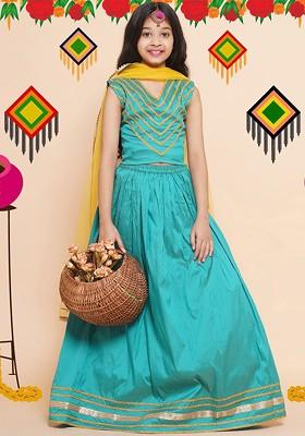 Green Embellished Blended Lehenga Choli For Girls
