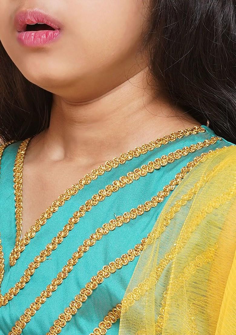 Green Embellished Blended Lehenga Choli For Girls - Indya