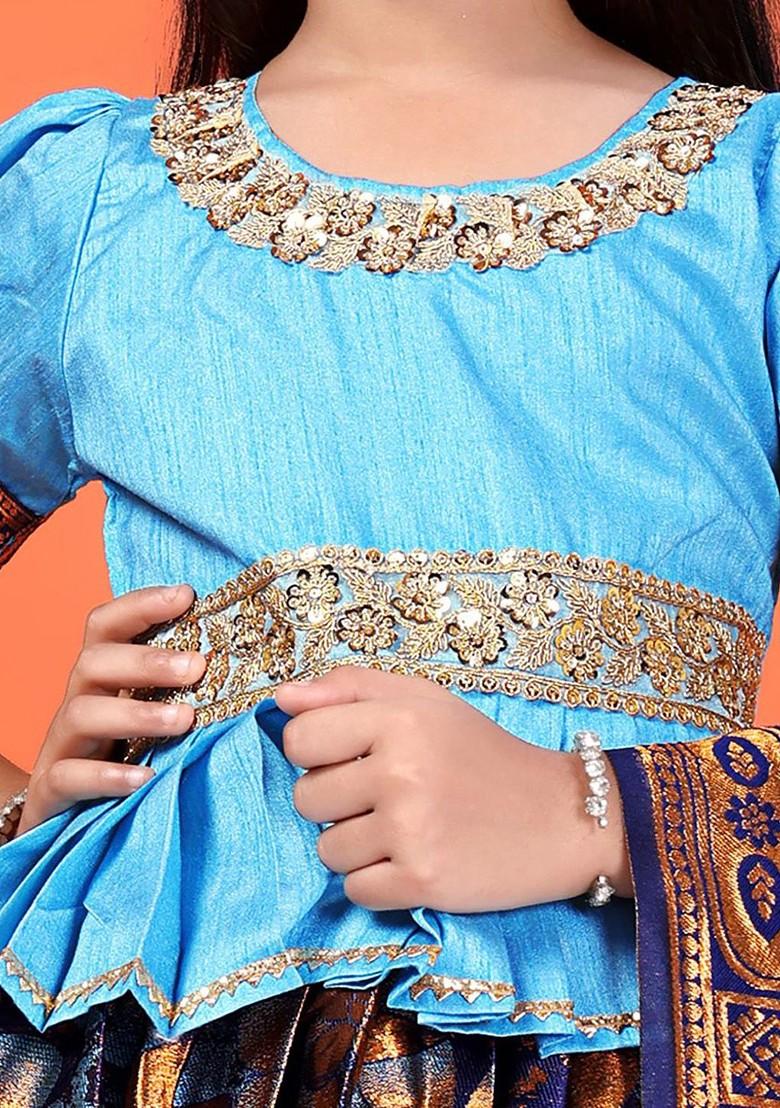 Navy Blue Embroidered Blended Lehenga Choli For Girls - Indya