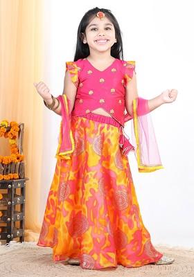 Pink Embroidered Blended Lehenga Choli For Girls