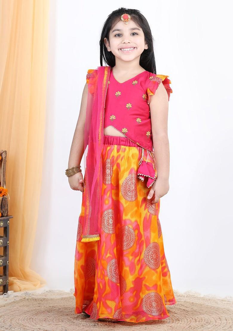 Pink Embroidered Blended Lehenga Choli For Girls - Indya