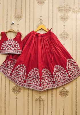 Red Embroidered Blended Lehenga Choli For Girls