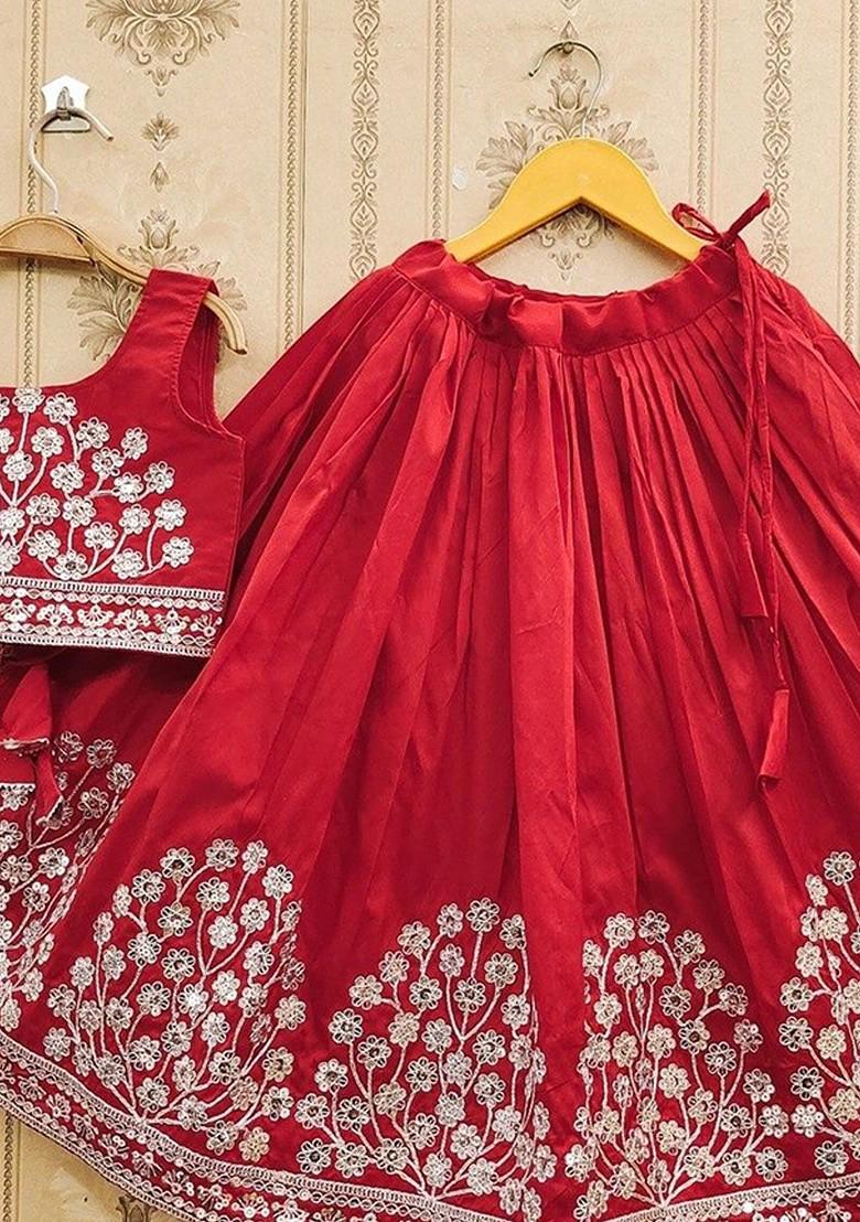 Red Embroidered Blended Lehenga Choli For Girls - Indya